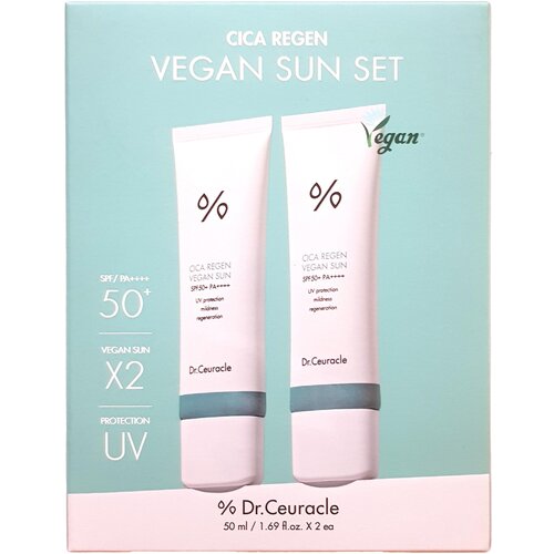 Набор Dr.Ceuracle Cica Regen Vegan Sun - Солнцезащитный веганский крем с центеллой SPF 50+ PA++++ , 2 крема по 50 мл солнцезащитный веганский крем с центеллой dr ceuracle cica regen vegan sun spf 50