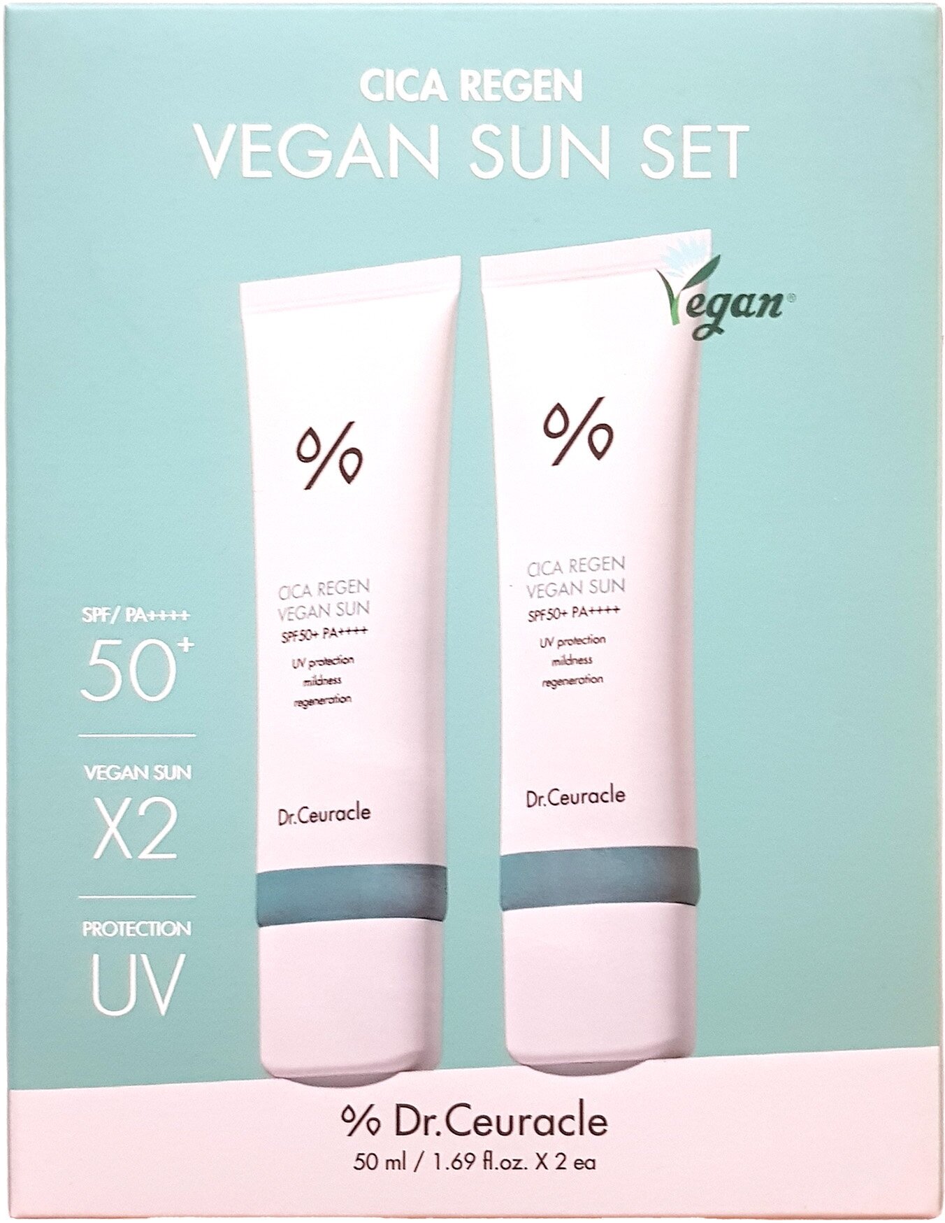 Набор Dr.Ceuracle Cica Regen Vegan Sun - Солнцезащитный веганский крем с центеллой SPF 50+ PA++++ , 2 крема по 50 мл
