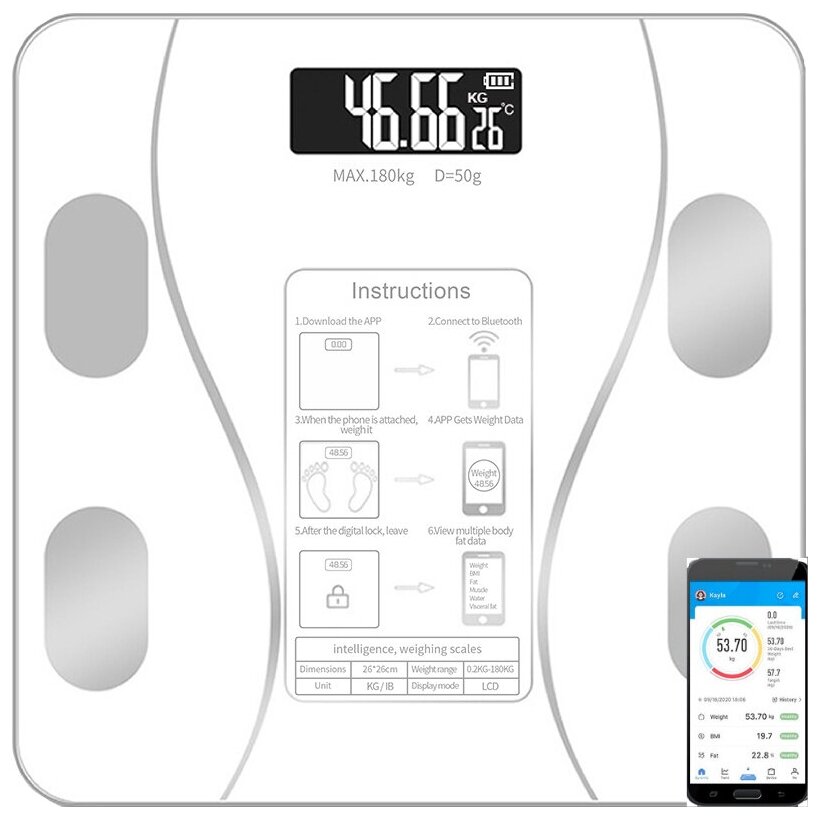 Напольные умные весы c bmi, электронные напольные весы для Xiaomi, iPhone, Android, белые - фотография № 10