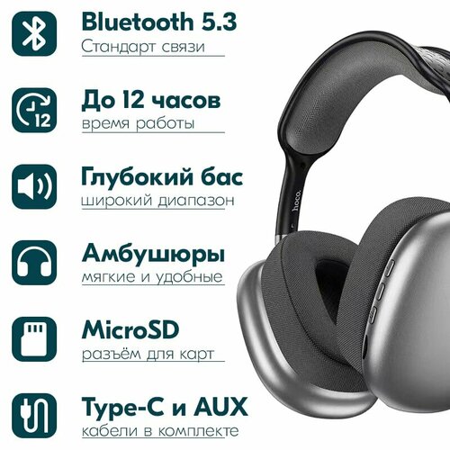 Стереонаушники Bluetooth полноразмерные HOCO ESD15 тёмно-серые 1659₽