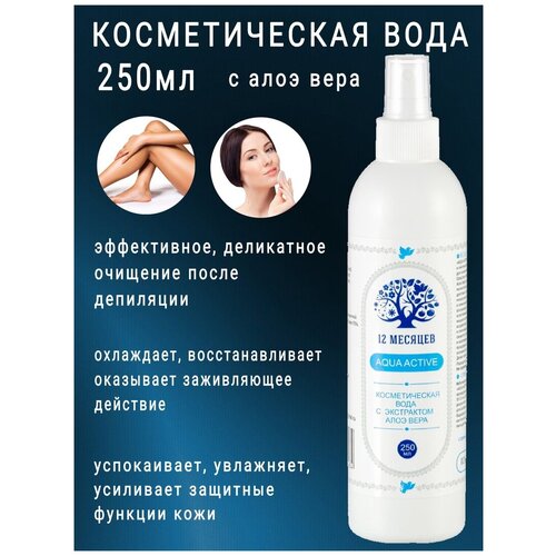 12 месяцев Вода косметическая для удаления остатков сахарной пасты AQUA ACTIVE/Пантенол и экстракт алоэ вера/250мл