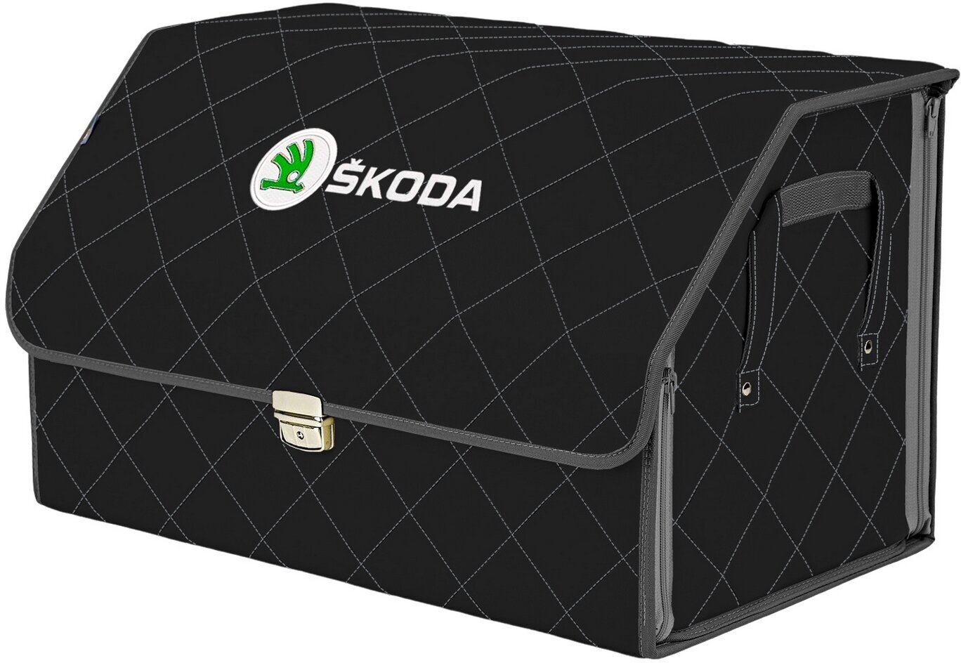 Органайзер-саквояж в багажник "Союз Премиум" (размер XL). Цвет: черный с серой прострочкой Ромб и вышивкой Skoda (Шкода).