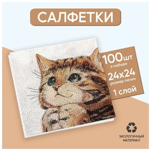 Салфетки бумажные однослойные «Котёнок», набор 100 штук, 24 × 24 см