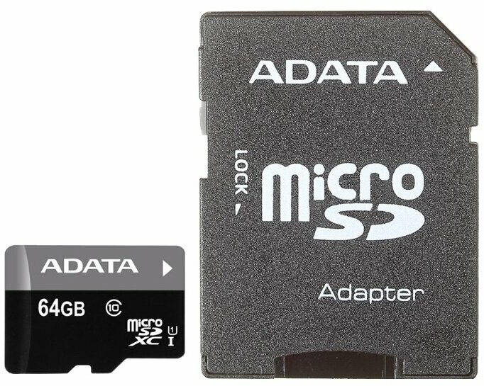 Карта памяти 64Gb - A-Data - Premier Micro Secure Digital XC Class 10 UHS-I AUSDX64GUICL10-RA1 с переходником под SD