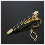 Заколка / зажим для галстука мужской стальной Классический квадраты с эмалью, цвет чёрный в золоте - изображение