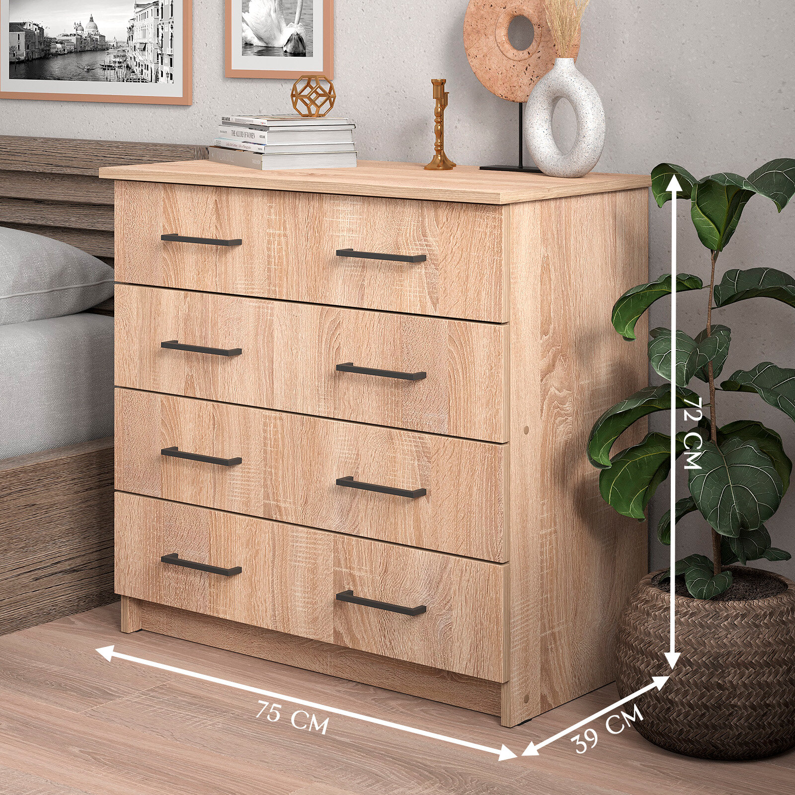 Комод Letta "Malta Plus", ЛДСП, с полками, 75см x 39см x 72см, 4 выдвижных ящика — фото 1