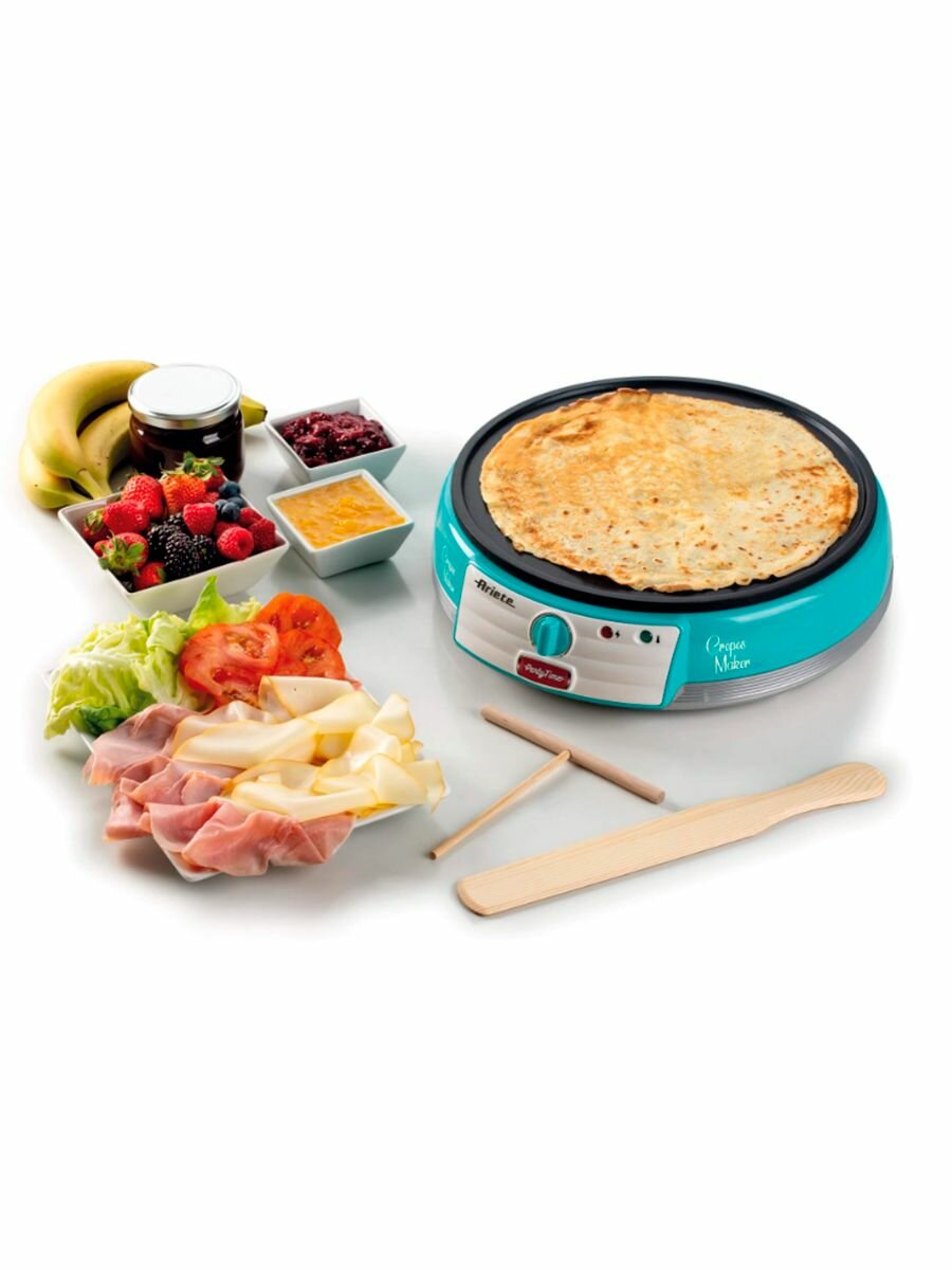 Блинница Ariete Party Time, голубой, 1000 Вт, антипригарное покрытие, 2 лопатки в комплекте (00C020201AR0) — фото 1