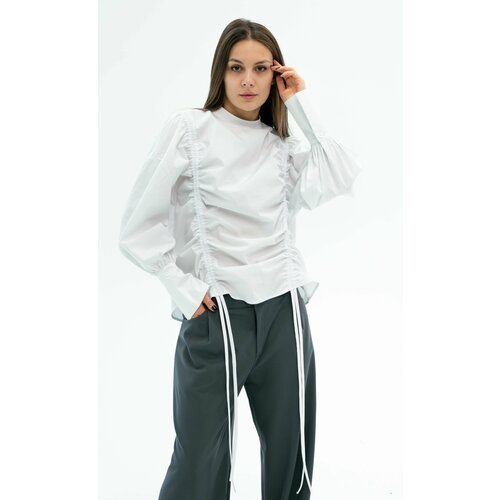 фото Рубашка saniatti, классический стиль, свободный силуэт, длинный рукав, манжеты, однотонная, размер l, белый