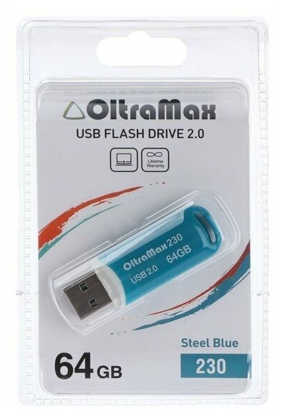 Флешка OltraMax 230, 64 Гб, USB2.0, чт до 15 Мб/с, зап до 8 Мб/с, синяя