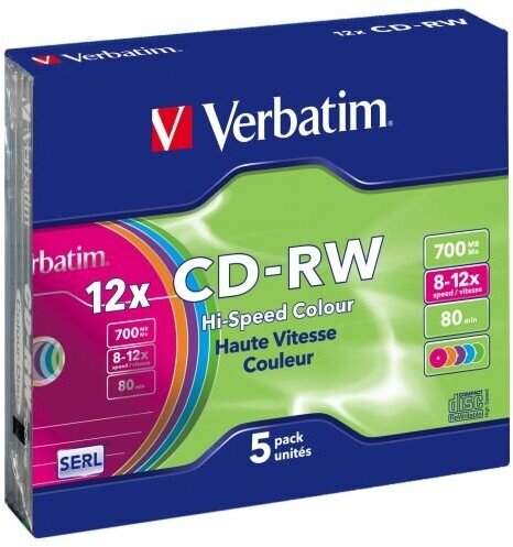 Диск CD-RW Verbatim 43167 700МБ, 80 мин, 8-12х, 5шт, Slim Case, Color, DL+