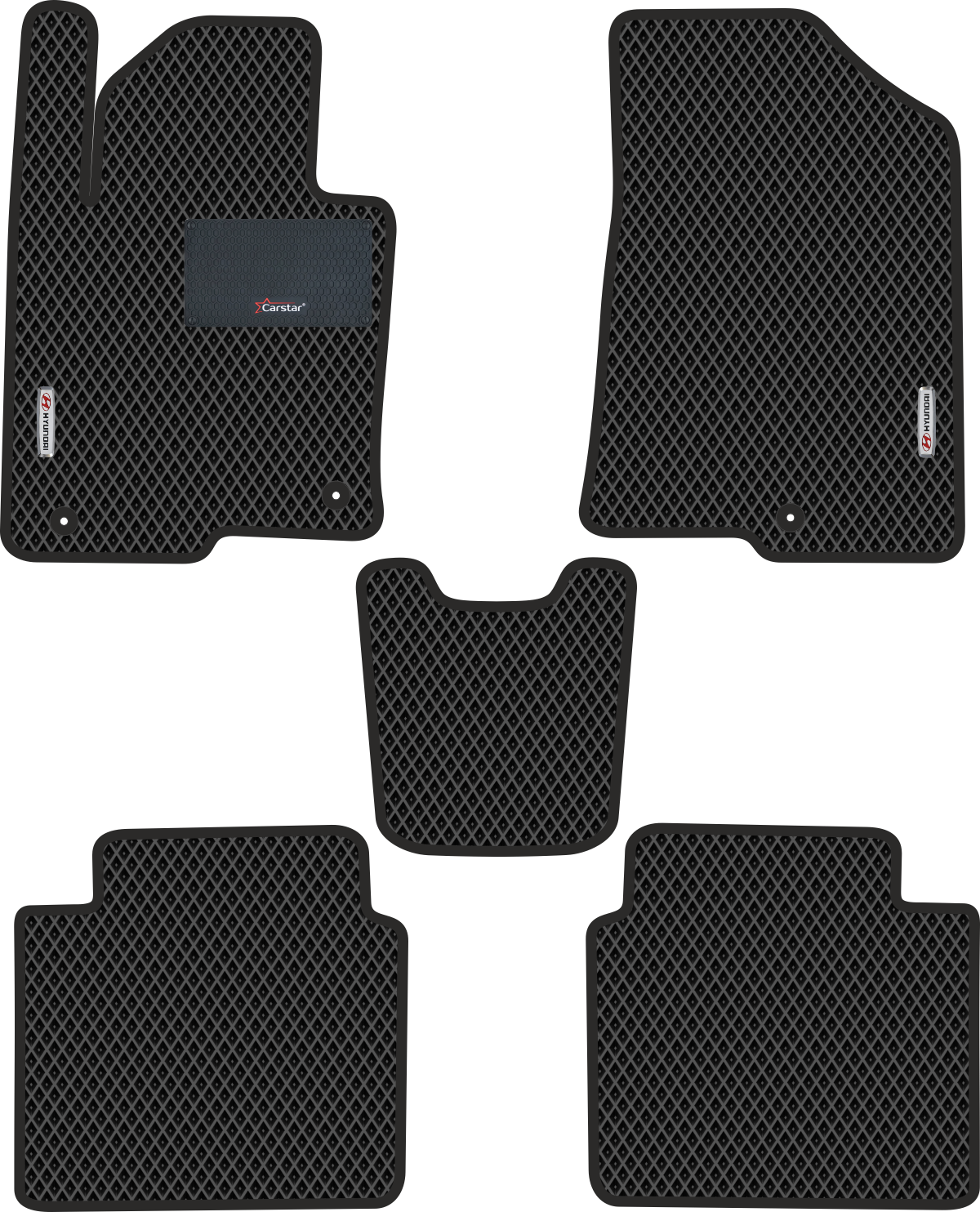 Автомобильные коврики EVA для Hyundai Sonata VII рестайл (2017-2019), с каучуковым подпятником и 2 эмблемами, чёрные с чёрным кантом, ячейка - ромб