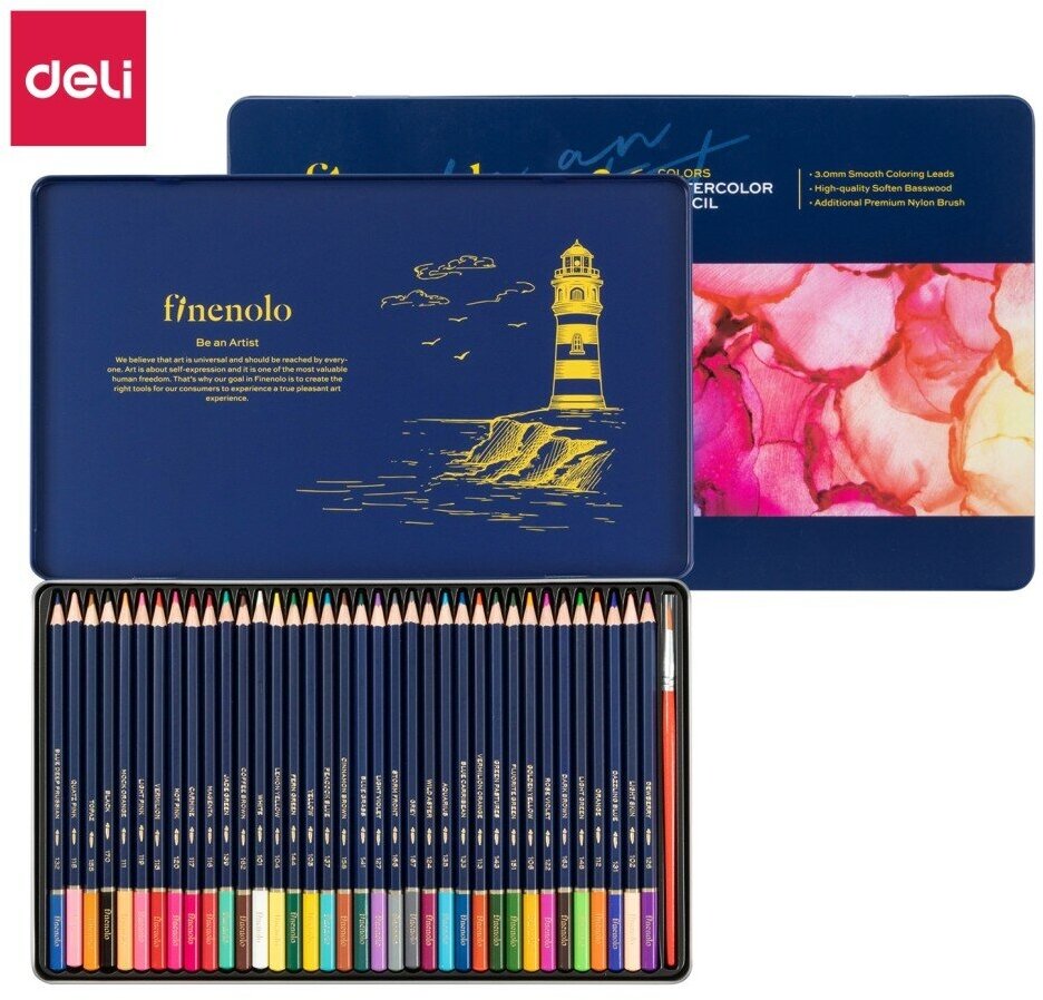 Акварельные карандаши 36 цветов Finenolo в металлическом пенале, артикул C129-36