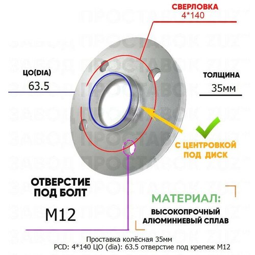 Проставка колёсная 35мм PCD: 4*140 ЦО (DIA): 63,5 с бортиком отверстие под крепёж M12 на ступицу: Peugeot 4x140 4х140