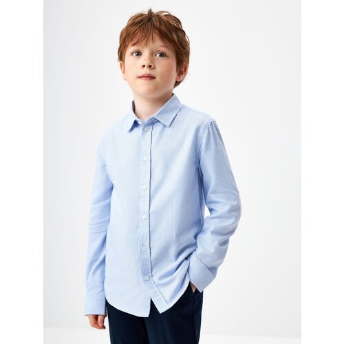 Школьная рубашка Sela, прямой силуэт, на пуговицах, длинный рукав, манжеты, размер 134, голубой