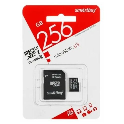 карта памяти smartbuy sb8gbsdcl10 01 Карта памяти Smartbuy microSDXC 256 ГБ (SB256GBSDU3-01) - UHS Class 3, чтение - 80 Мбайт/сек