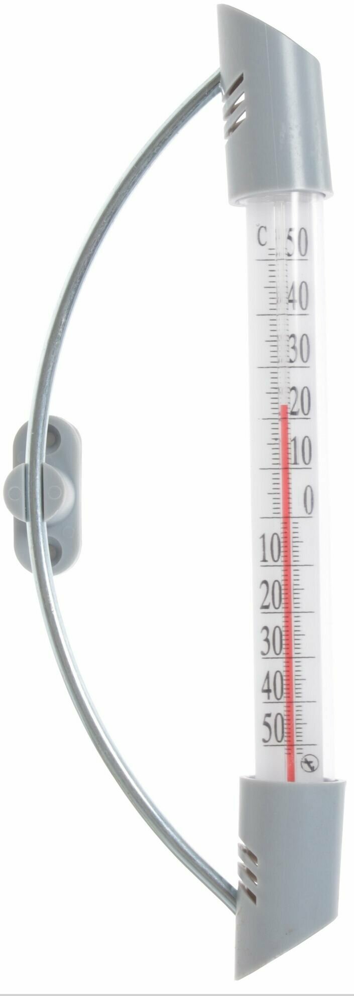 Наружный термометр, оконный, из стекла и пластика, без ртути, высота 23см. Определяет температуру воздуха снаружи помещений. Липучка позволяет крепить