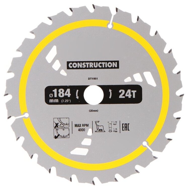 Пильный диск по дереву DEWALT Construction DT1951 [184*20мм, 24T, ATB +18°] - фотография № 2