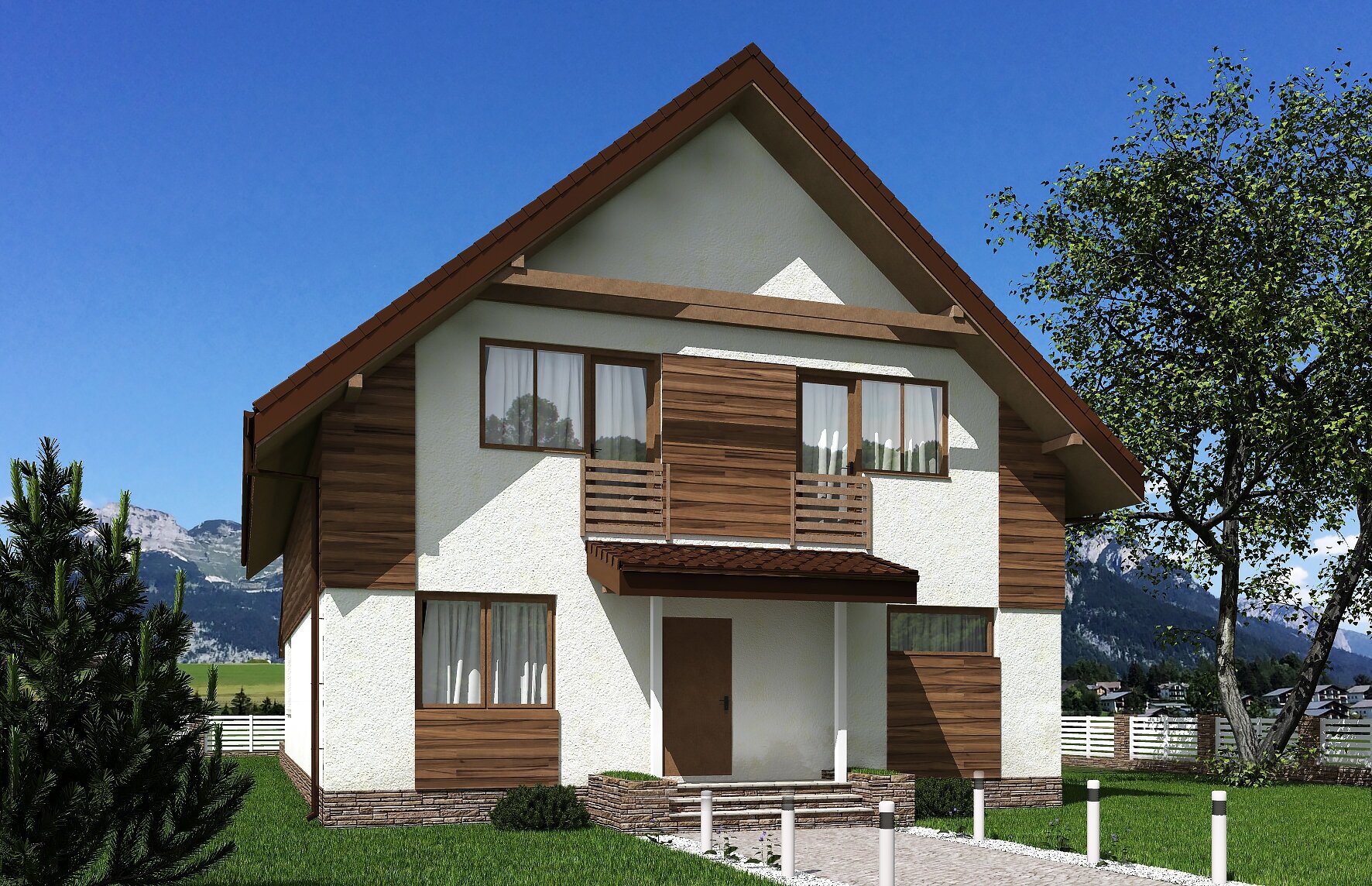 Одноэтажный дом с мансардой и террасой (238 м2, 19м x 10м) Rg5486