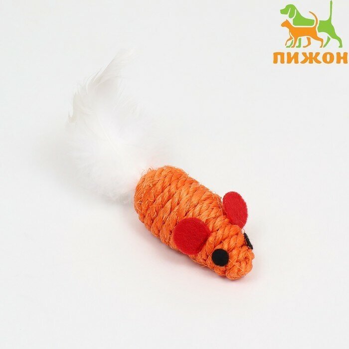 Пижон Игрушка для кошек "Мышь сизалевая малая" с меховым хвостом, 5,5 см, оранжевая