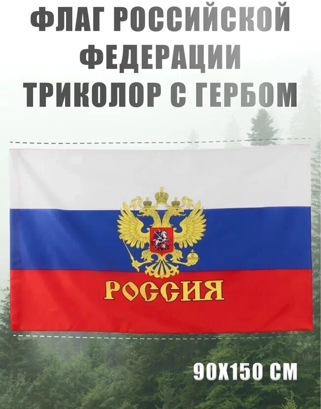 Флаг России большой с гербом AXLER государственный флаг Российской Федерации (РФ), русский триколор уличный или на стену, карман для флагштока, 150х90