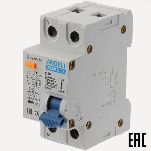 Изображение товара Дифф. автомат ANDELI DZ59LE-40/63 тип АС 16А-30мА 230В 1P+N 4,5кА ADL02-052