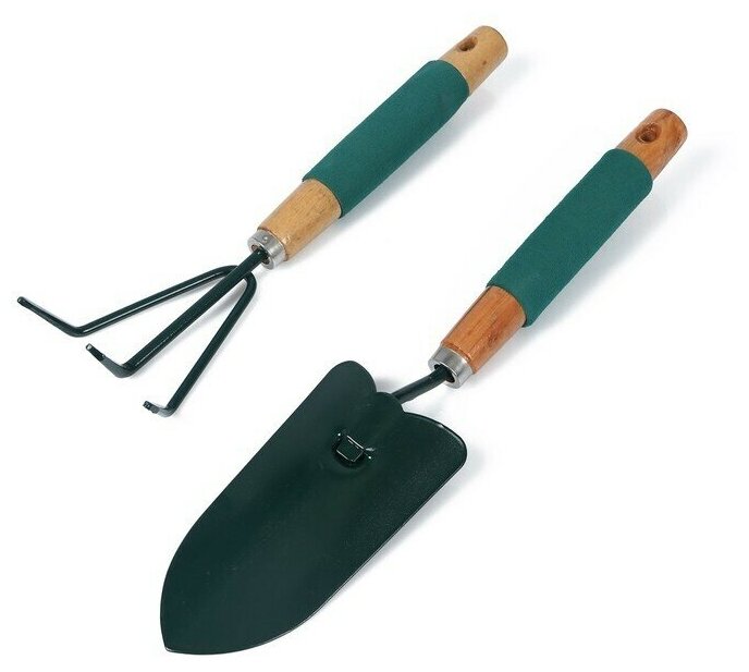 Набор садового инструмента, 2 предмета: совок, рыхлитель, длина 36 см, деревянные ручки с поролоном - фотография № 2