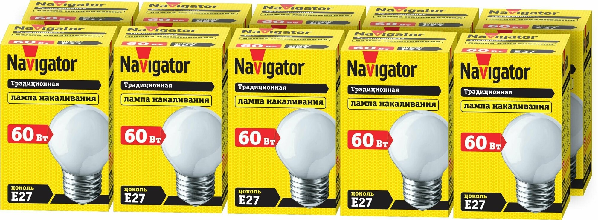 Лампа накаливания Navigator 94 313 NI-C, 60 Вт, шар, Е27, упаковка 10 шт.