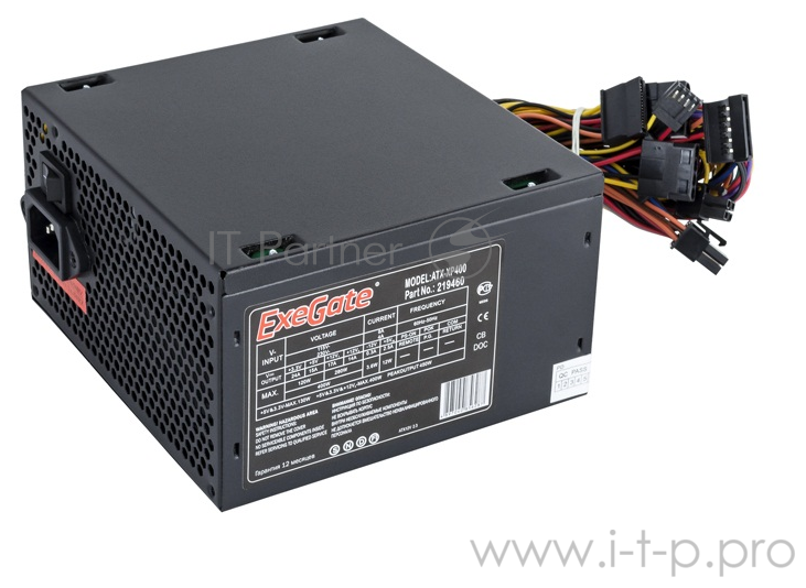 Блок питания 400W ExeGate Xp400, Atx, PC, black, 12cm fan, 24p+4p, 3*SATA, 2*IDE, FDD + кабель 220V .