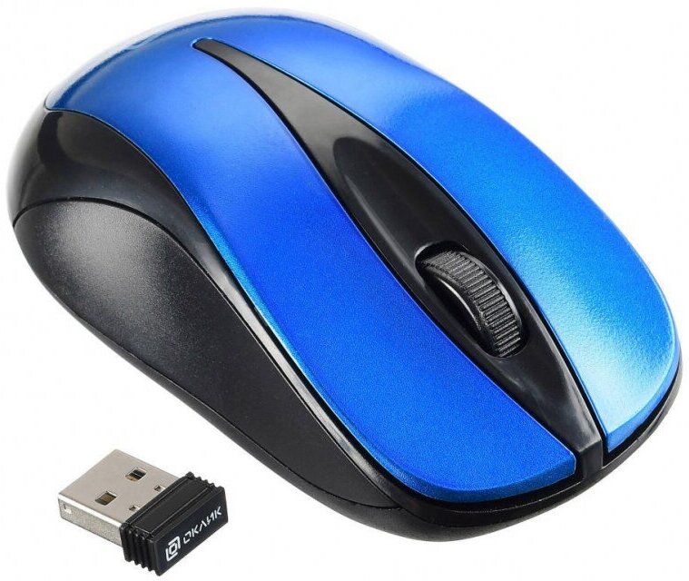 Мышь OKLICK оптическая беспроводная USB, черный и синий - фото №2