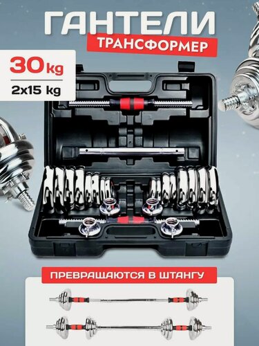 Изображение товара Za-Gym Гантели разборные+штанга в кейсе 30 кг хром (2х15кг)