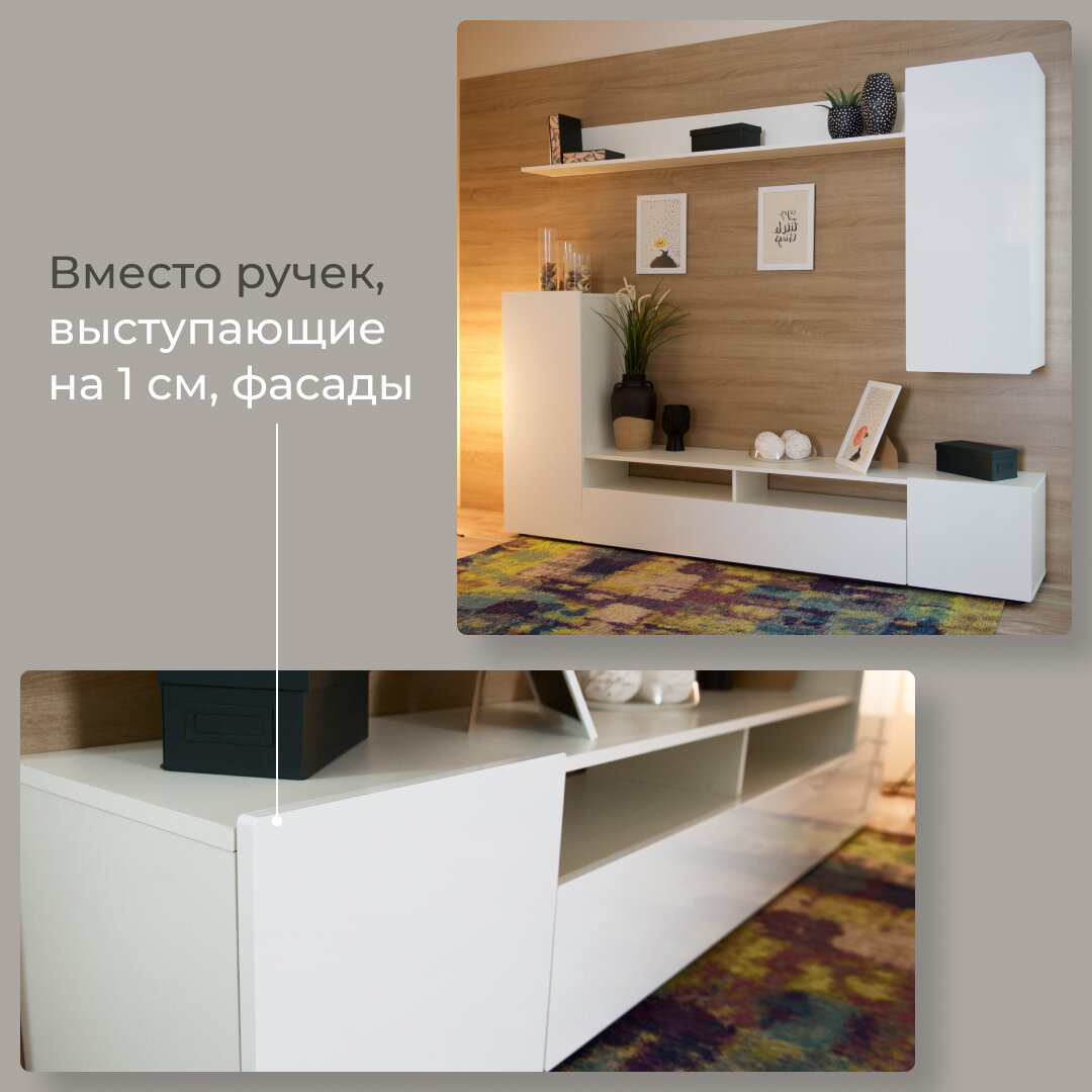 Стенка в гостиную Лия с полками (2шт) и доводчиками, стенка для зала, мебель в гостиную, 213х35х168см белый глянец — фото 1