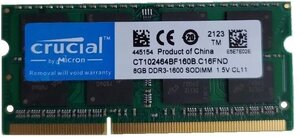 Оперативная память Crucial 8 ГБ PC3 (DDR3) 1600 МГц SODIMM CL11 CT102464BF160B. C16FND