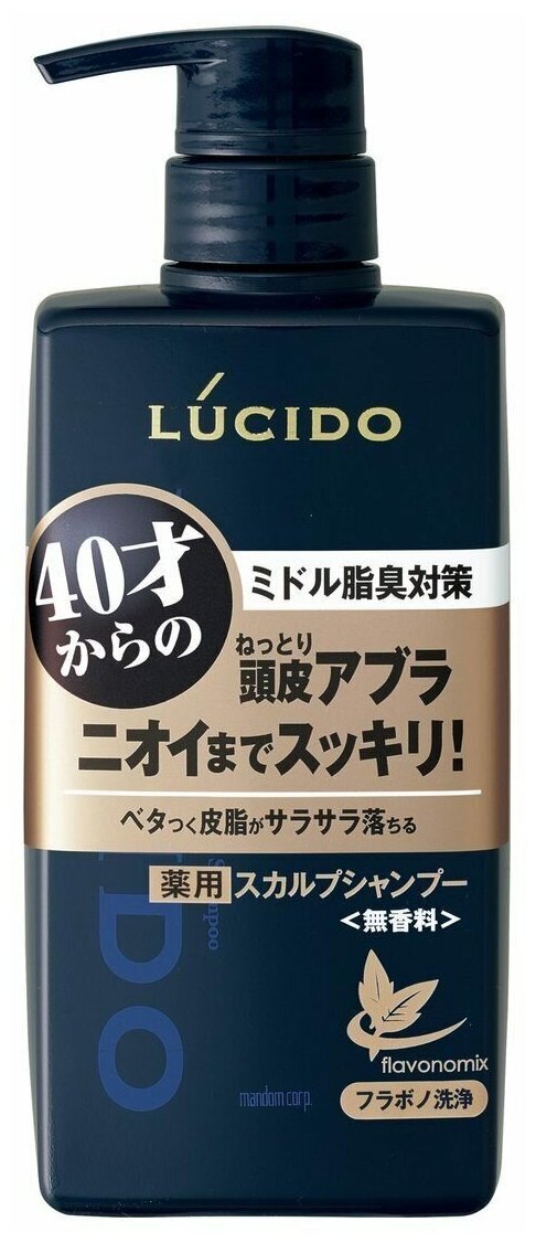 Mandom Мужской шампунь Lucido Deodorant Shampoo для глубокой очистки кожи головы и удаления неприятного запаха с антибактериальным эффектом и флавоноидами для мужчин после 40 лет 450 мл