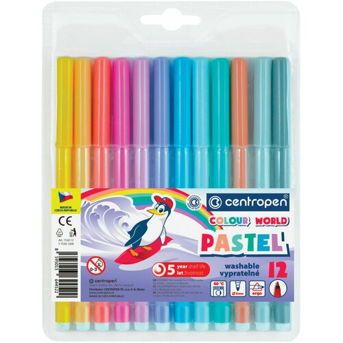 фломастеры centropen colour world washable 12 цветов арт 7550 12 tp 7790 12 tp количество в наборе 2 шт Набор фломастеров 12 цветов Centropen Цветной мир Pastel (линия 2мм, трехгранные, смываемые) блистер, 3 уп. (7 7550 1287)