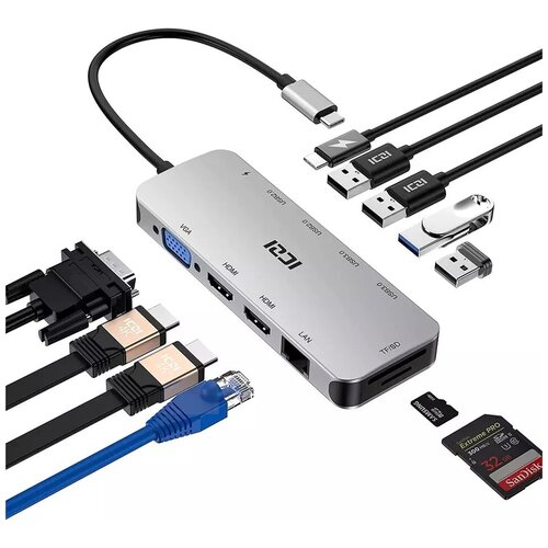 Хаб USB-концентратор ICZI 11 в 1 PDVGA2хHDMI EthernetTFSD2xUSB302хUSB20 Multifunctional Type-C Gray 487800₽