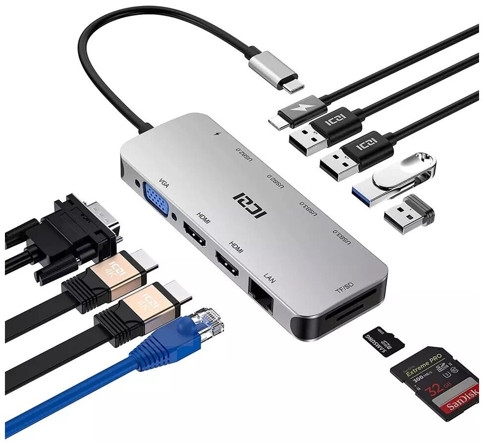 Хаб USB-концентратор ICZI 11 в 1 (PD+VGA+2хHDMI+ Ethernet+TF/SD+2xUSB3.0+2хUSB2.0) Multifunctional Type-C Gray