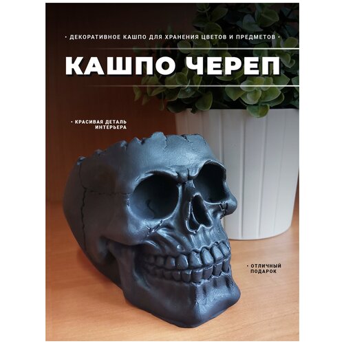 Декоративное кашпо Череп черный гипсовый / Органайзер для дома и интерьера 1шт