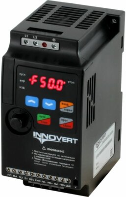 INNOVERT Преобразователь частоты VENT , выходной ток 1,0 А 0,18 кВт вх: 1 ф х 220В / вых: 3 ф х 220В IVD181B21E