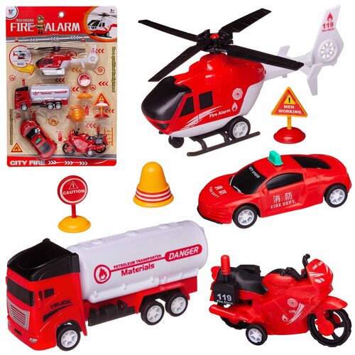 Игровой набор Junfa Пожарная служба (2 машинки, вертолет, мотоцикл инерционные, пластмассовые, дорожные знаки) WZ-17093 игровой наборпожарный вертолет мотоцикл