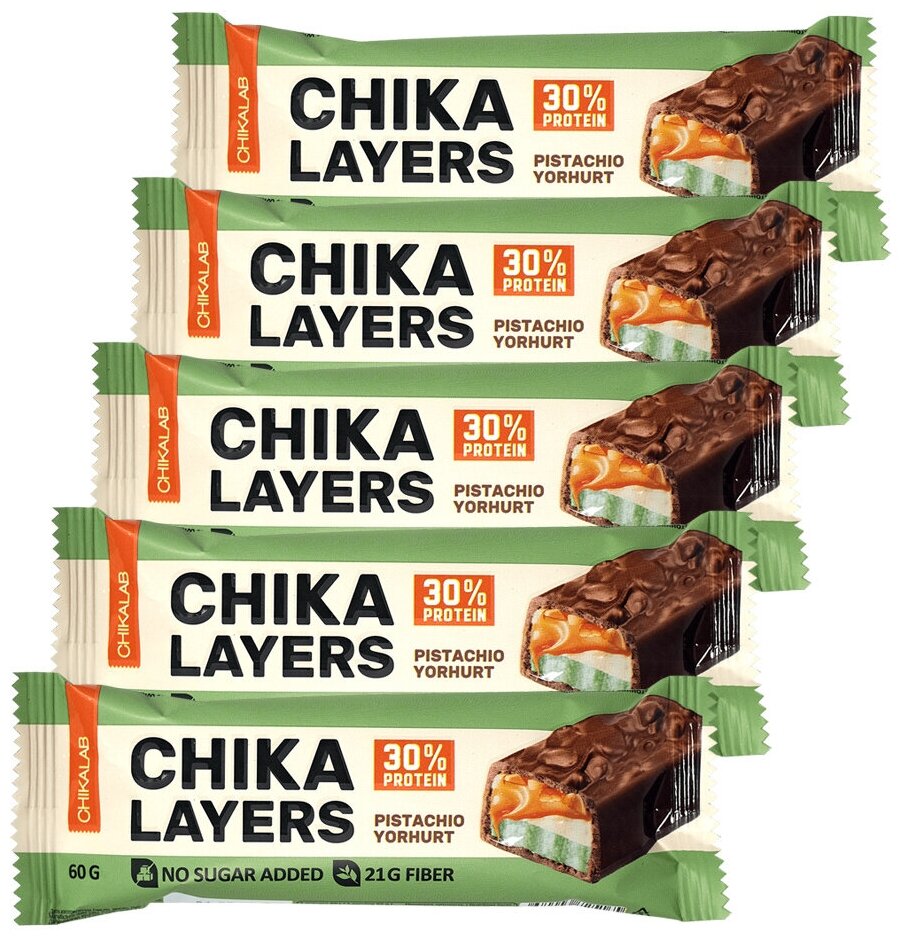 Chikalab Протеиновые батончики Chika Layers без сахара 5шт х 60г (Фисташковый йогурт) / Bombbar / 30% Белка В шоколаде с начинкой