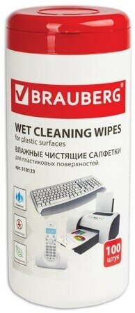 Салфетки для пластиковых поверхностей BRAUBERG, туба 100 шт, влажные, 510123