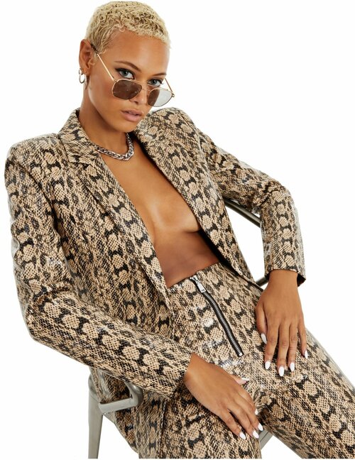 Пиджак DANIELLE BERNSTEIN XS бежевый из искусственной кожи с принтом под змеинную кожу Womens Beige Faux-snakeskin Animal Print Blazer Jacket