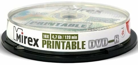 Диск DVD-R Mirex 4.7Gb 16x Cake Box Printable (10шт) (204589)