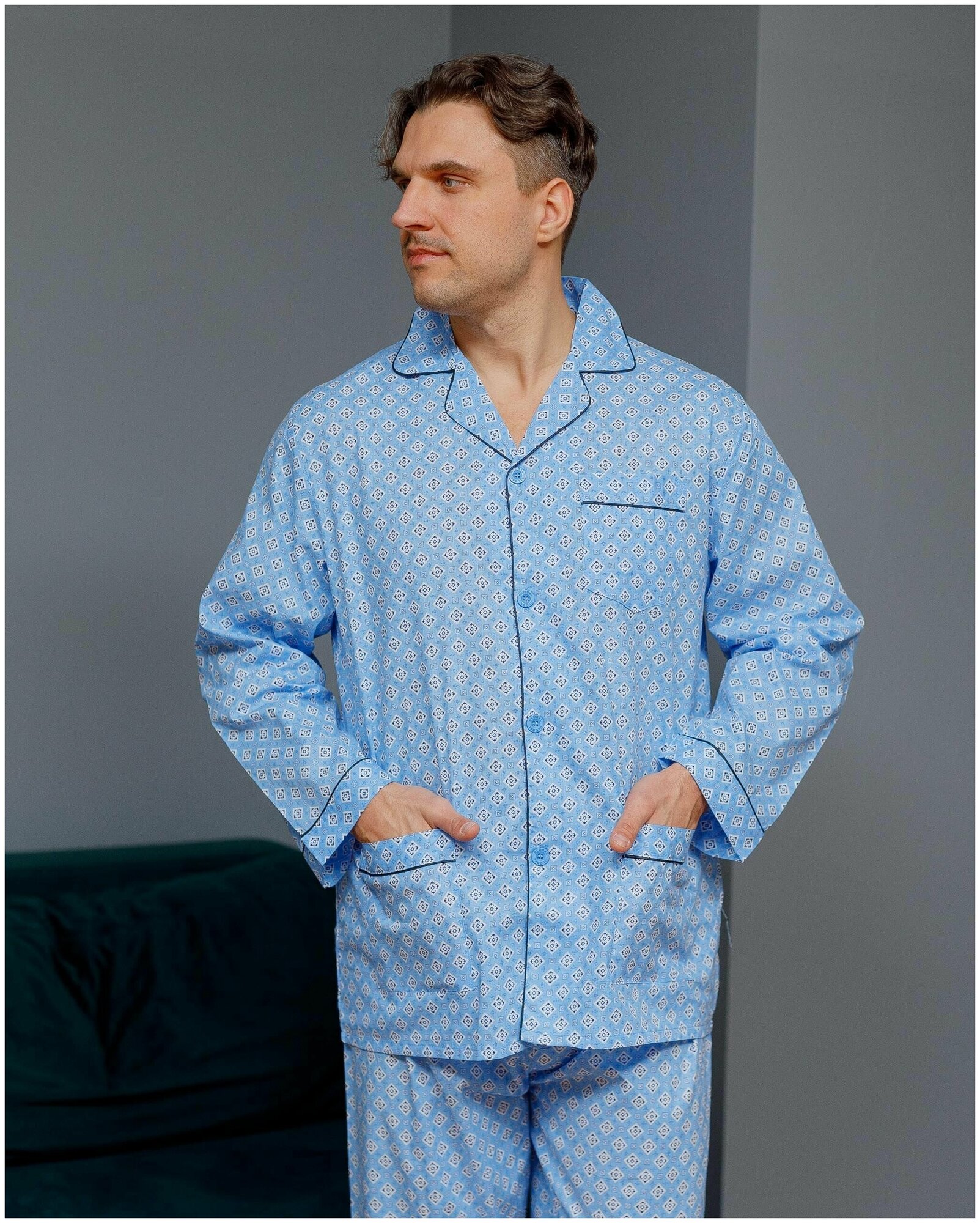 Пижама мужская с брюками и рубашкой с длинным рукавом хлопок Global - фотография № 7