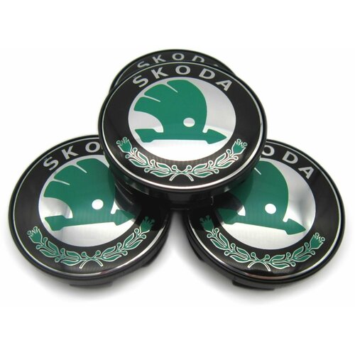 Колпачки, заглушки на литые диски СКАД Шкода зеленые, 56/51/12 мм, комплект 4 шт.