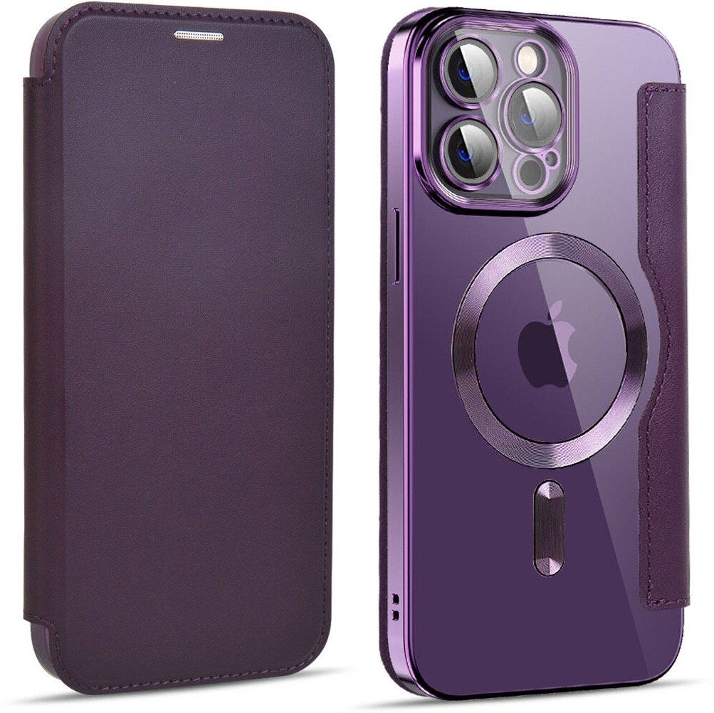 Чехол-книжка Mocome Magnetic для iPhone 13 pro (айфон 13 про) с MagSafe (магсейф) искусственная кожа фиолетовый