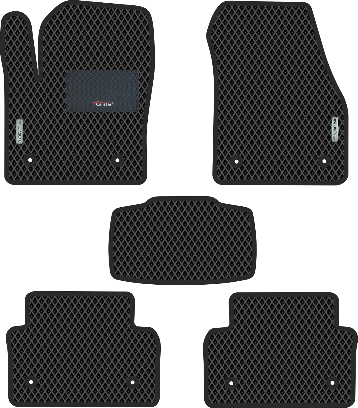 Автомобильные коврики EVA для Jaguar E-Pace I (2017-н/в) с каучуковым подпятником и 2 эмблемами Jaguar чёрные с чёрным кантом ячейка - ромб