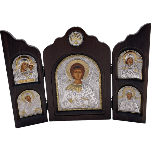 Икона Ангел Хранитель, триптих, 5 икон, шелкография, «золотой» декор, «серебро» 16*24 см