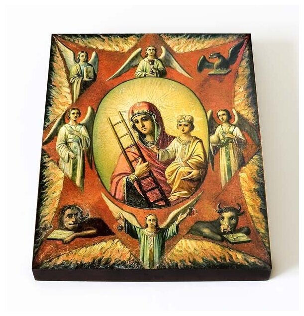 Икона Божией Матери "Неопалимая Купина" с лестницей, XIX в, печать на доске 8*10 см