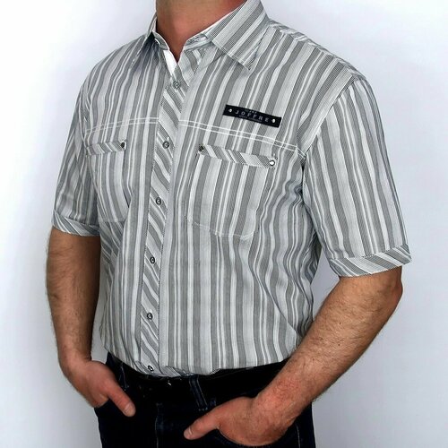 Рубашка Joffre, нарядный стиль, прилегающий силуэт, классический воротник, короткий рукав, карманы, в полоску, размер M, серый